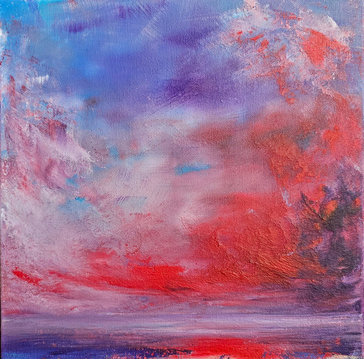 Expressive Landscape Acrylic Painting By Sophia Kuhn, 12 X 12", Evening Red, Original Artwork