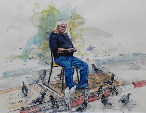 old man feeding the pigeons by Yossi Kotler