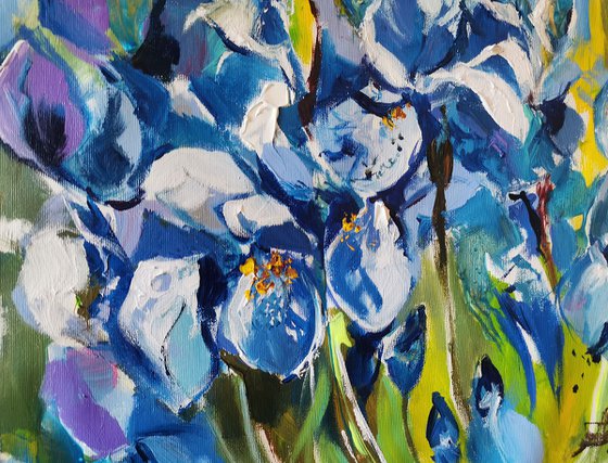 Irises flowers painting, Blue wall art