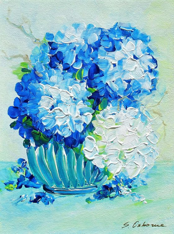 White and Blue Hydrangea Small Painting on Canvas. Impressionistic Stile Flowers Abstract Floral. Modern Impressionism Contemporary Art