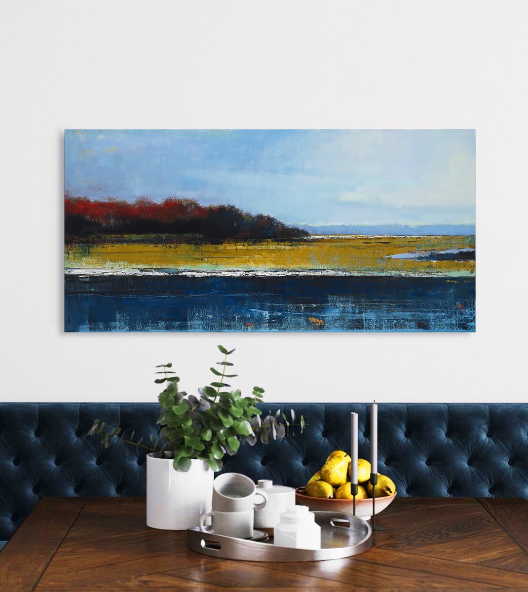 Impressionistic Landscape Acrylic Painting By Bo Kravchenko, 39 X 20, Autumn On The Lake, Original Artwork