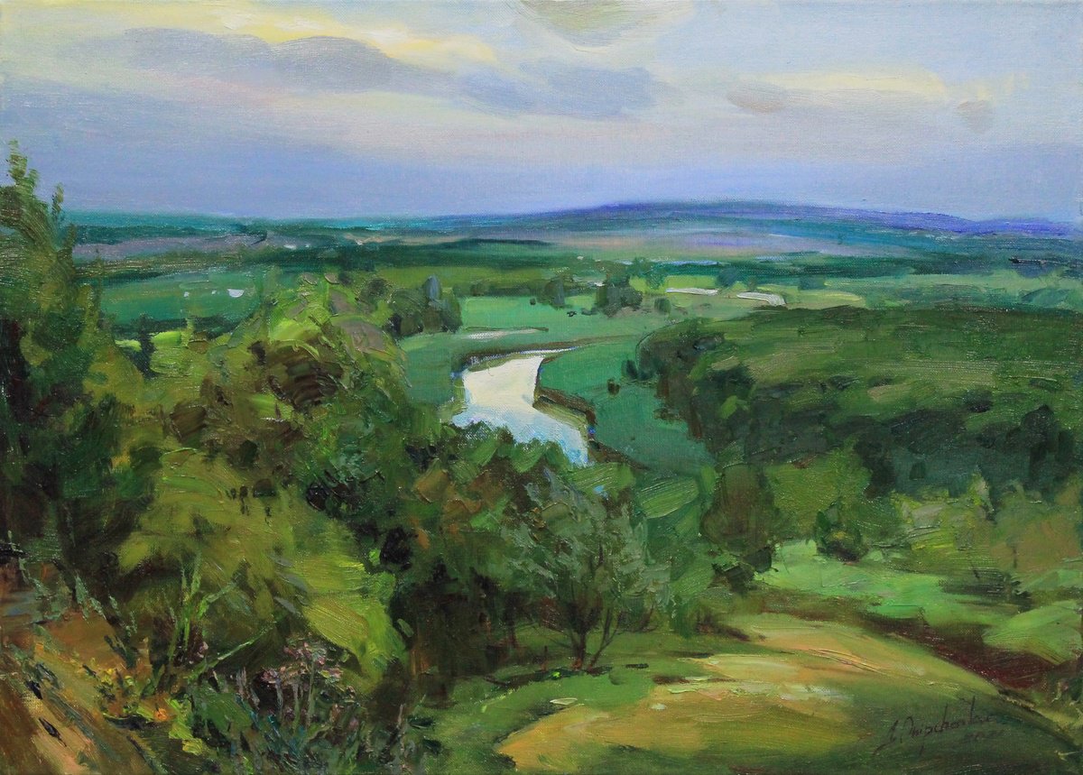 Impressionistic Landscape Oil Painting By Alisa Onipchenko-Cherniakovska, 28 X 20, Blue Distance Landscape, Original Artwork