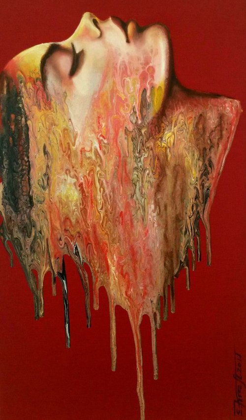 " Liquid beauty I" Original mixed media painting on fabric 47x80x2cm.ready to hang by Elena Kraft