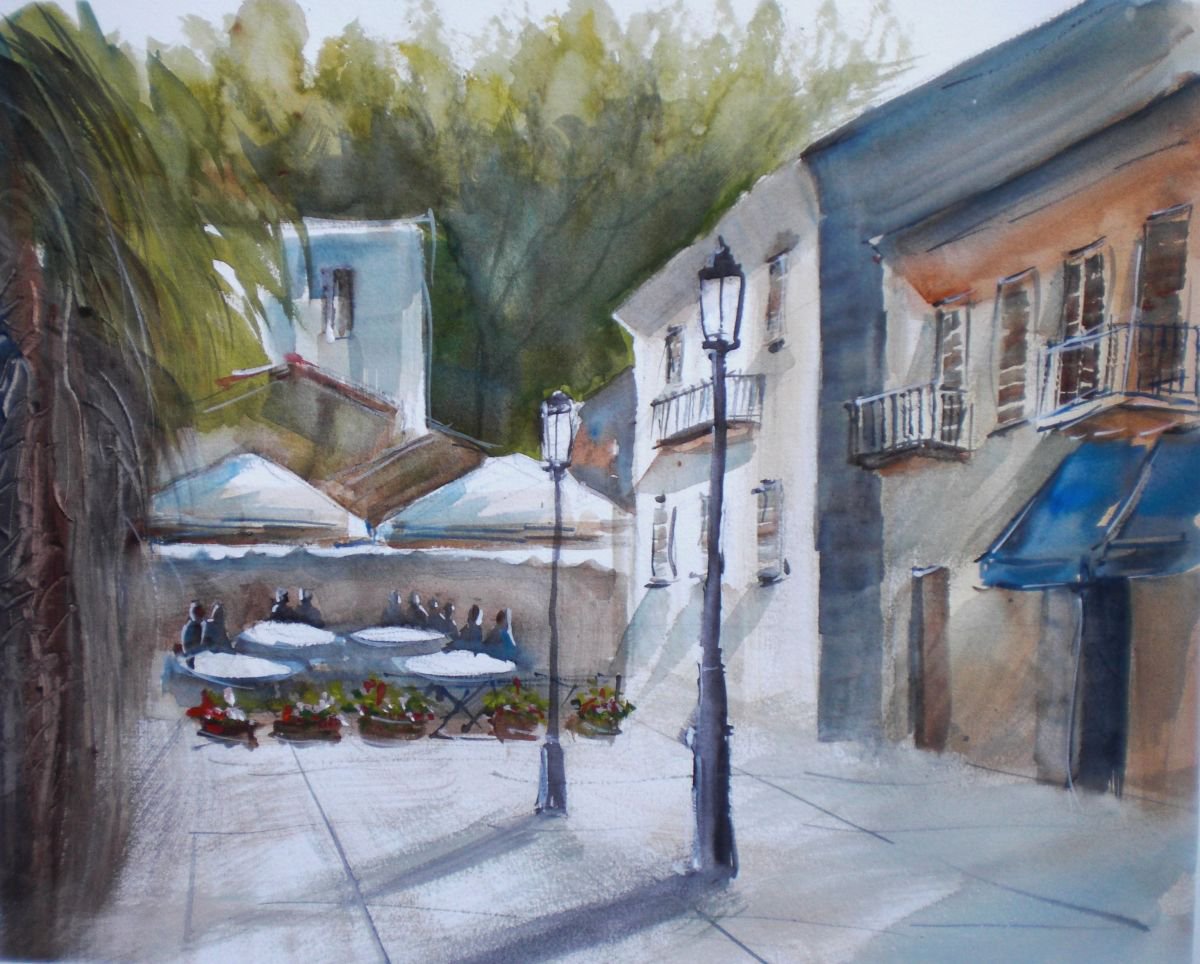 Expressive Cityscapes Watercolour By Giorgio Gosti, 17 X 14, Cafe, Original Artwork