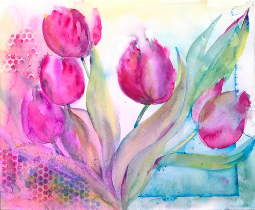 Tulip painting, Original watercolour painting, Floral wall art by Anjana Cawdell