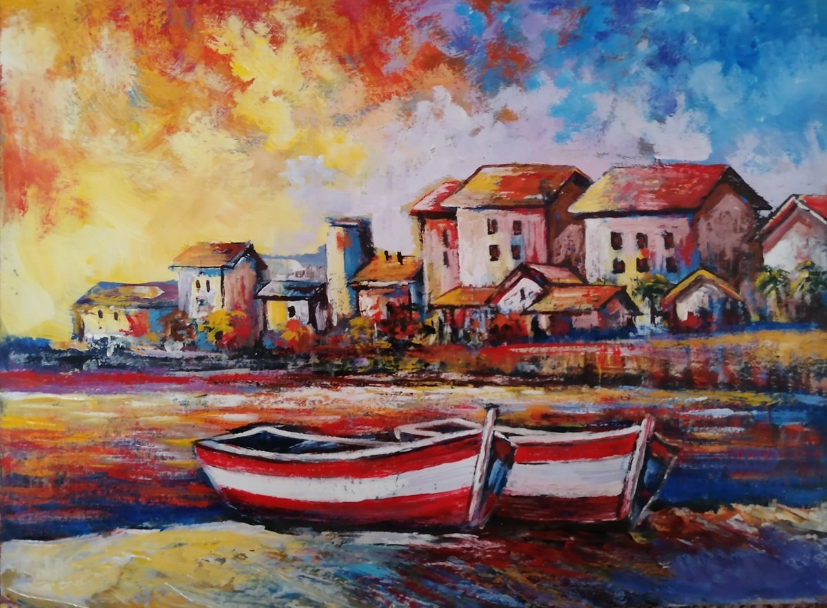 Impressionistic Landscape Oil Painting By Nelaart, 16 X 12", Two Boat And Sunset, Original Artwork