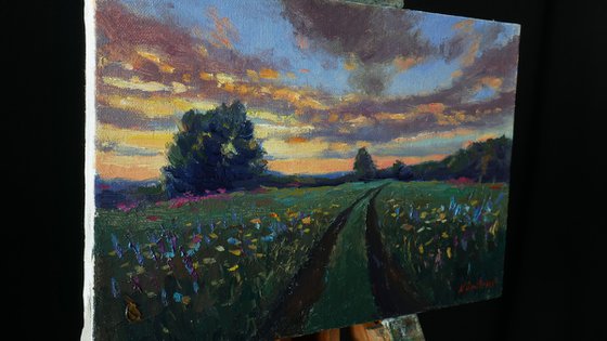 Sunset Over Wildflowers Field - summer landscape painting