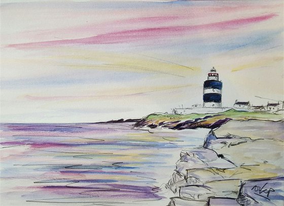 Hook Head Lighthouse at Dawn - Watercolour & Pencil study