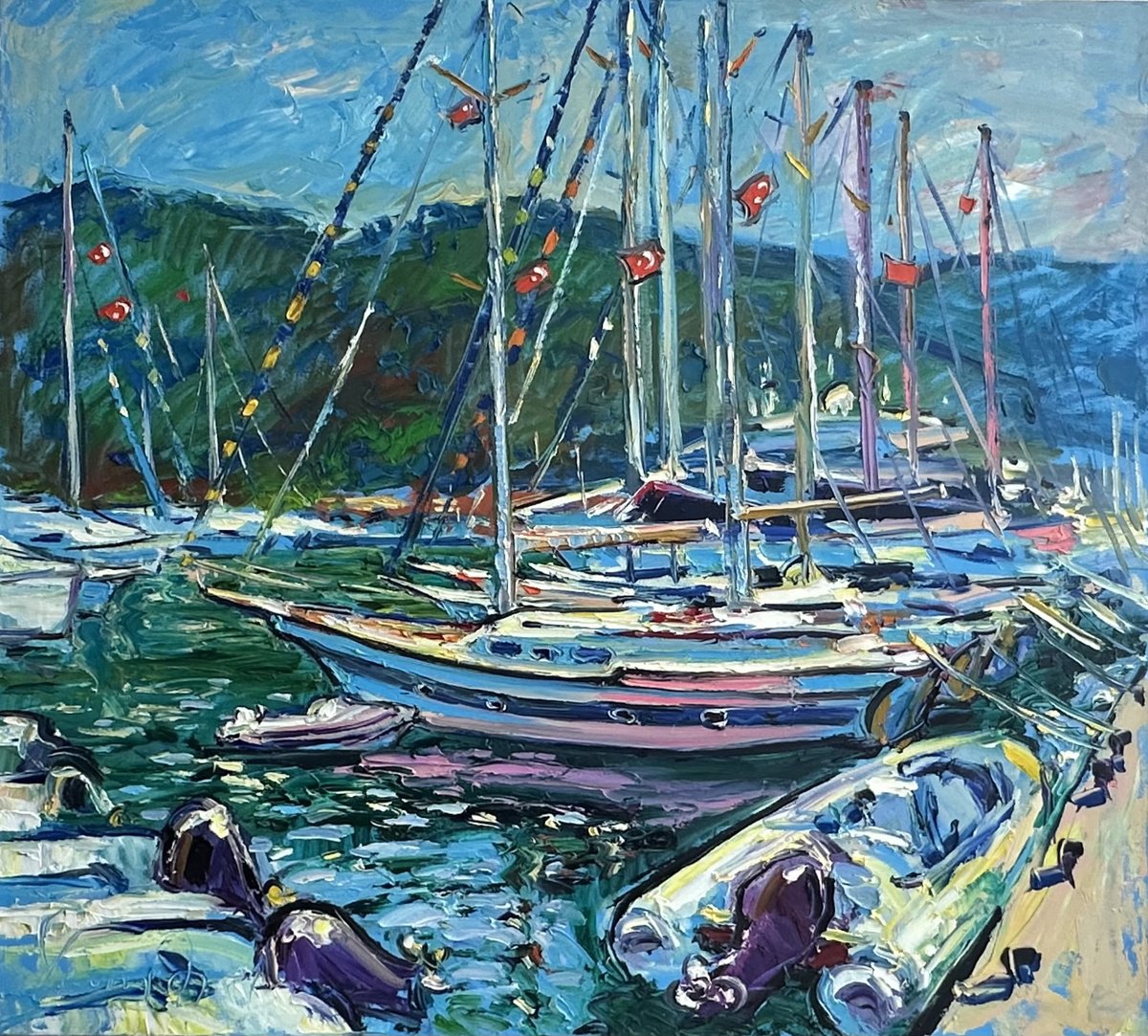 Impressionistic Landscape Oil Painting By Andrii Chebotaru, 39 X 35, Yachts At The Pier, Original Artwork