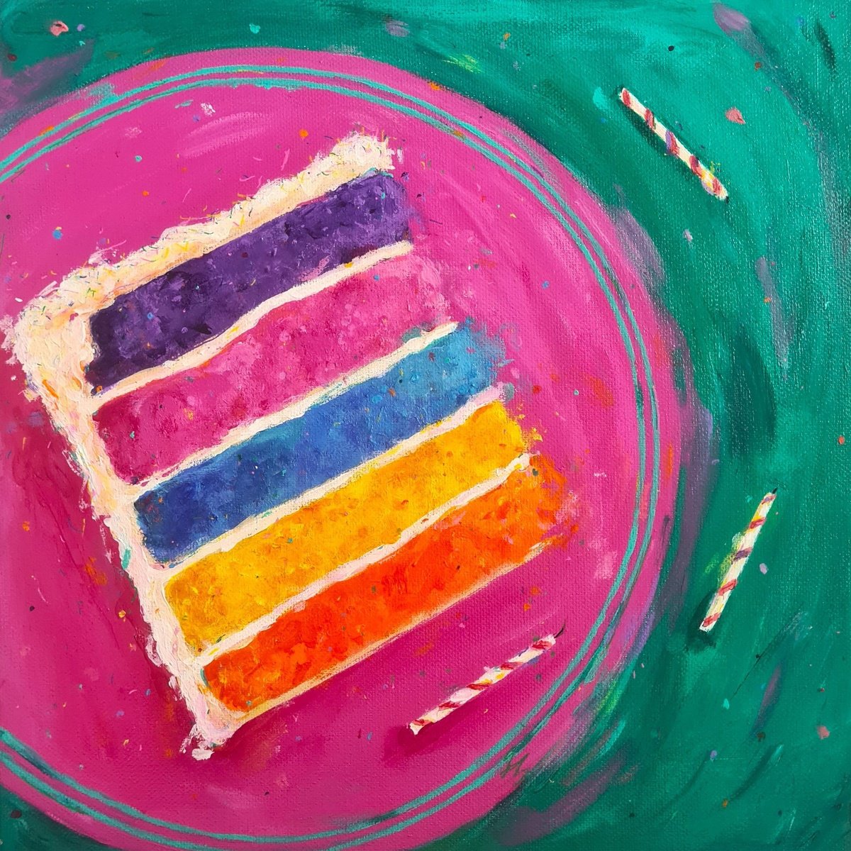 Impressionistic Still Life Acrylic Painting By Dawn Underwood, 12 X 12, Birthday Cake, Original Artwork