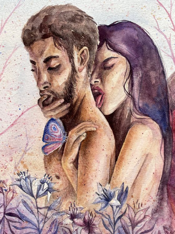 Fantasy love watercolor illustration of couple in magic garden