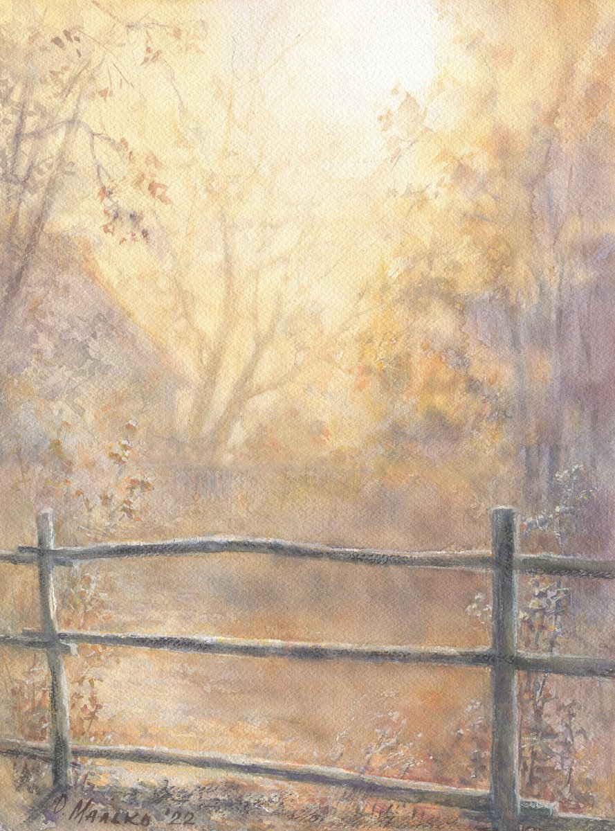 Fog season. A Fall Fairy Tale inhabits here... /ORIGINAL watercolor ~11x14in (28x37cm) by Olha Malko
