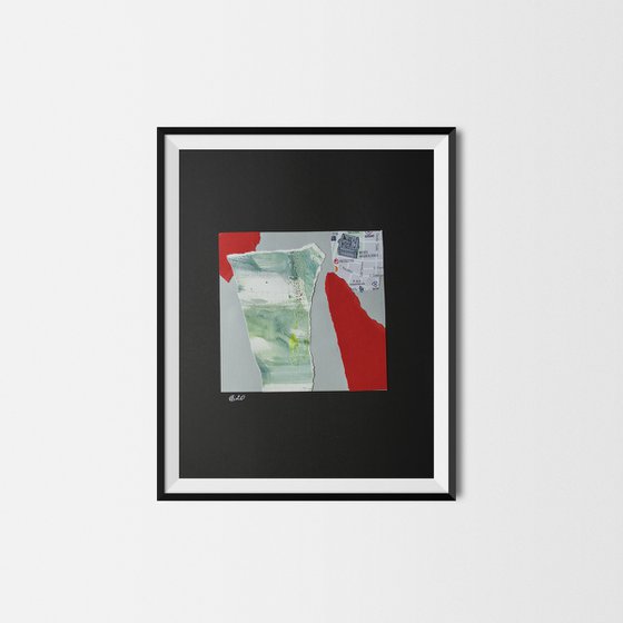 Minimalistic collage. Small artwork. Madrid series. 10. Red and green on black abstract interior gallery wall composition office home decor recycle