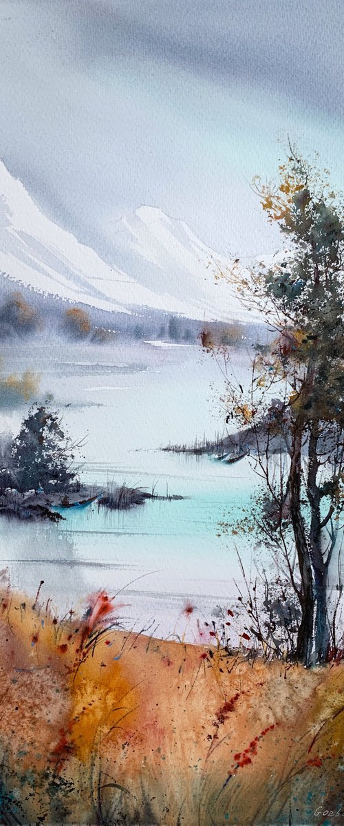 Tree on the shore of a mountain lake by Eugenia Gorbacheva