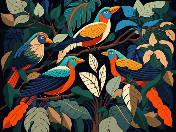 Birds in a rainforest |  23,5"x31,5" (60x80 cm)
