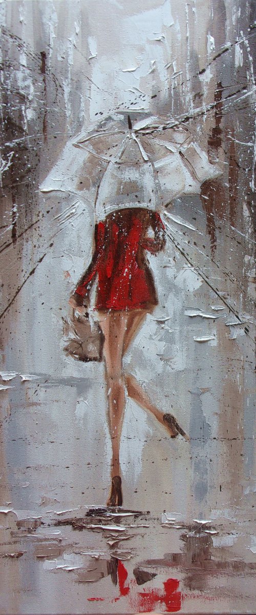 " NOVEMBER RAIN ... "   street spring summer original painting CITY palette knife GIFT by Monika Luniak
