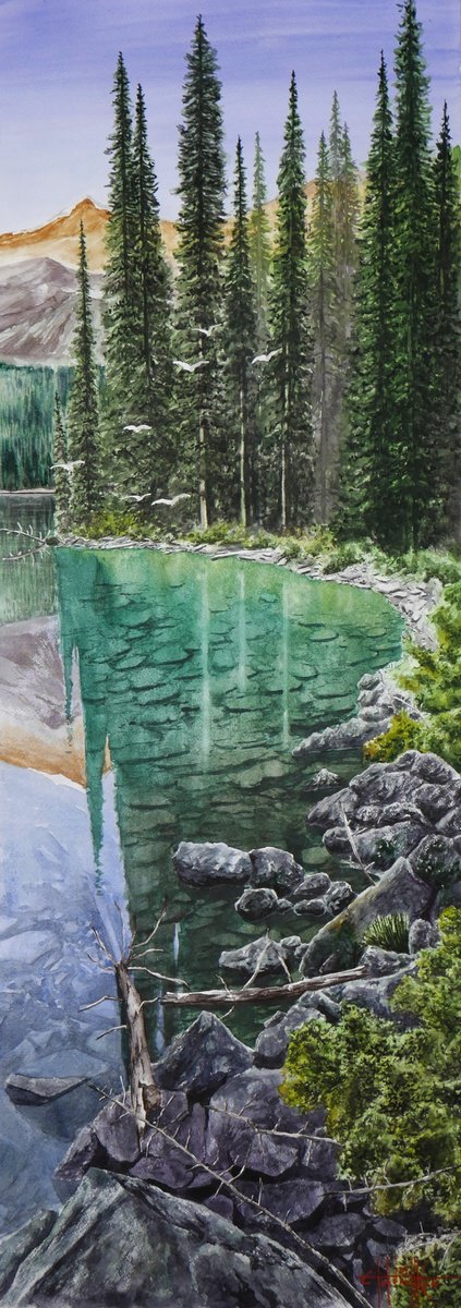 Photorealistic Landscape Watercolour By Eugene Gorbachenko, 14 X 39, Mountain Lake 2023 Watercolor On Paper 100X35, Artfinder