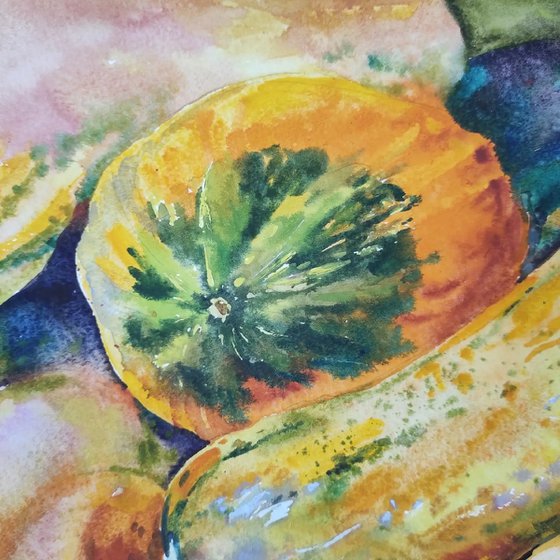 Autumn sweets - original watercolor painting, bright and pale colors, structure and texture