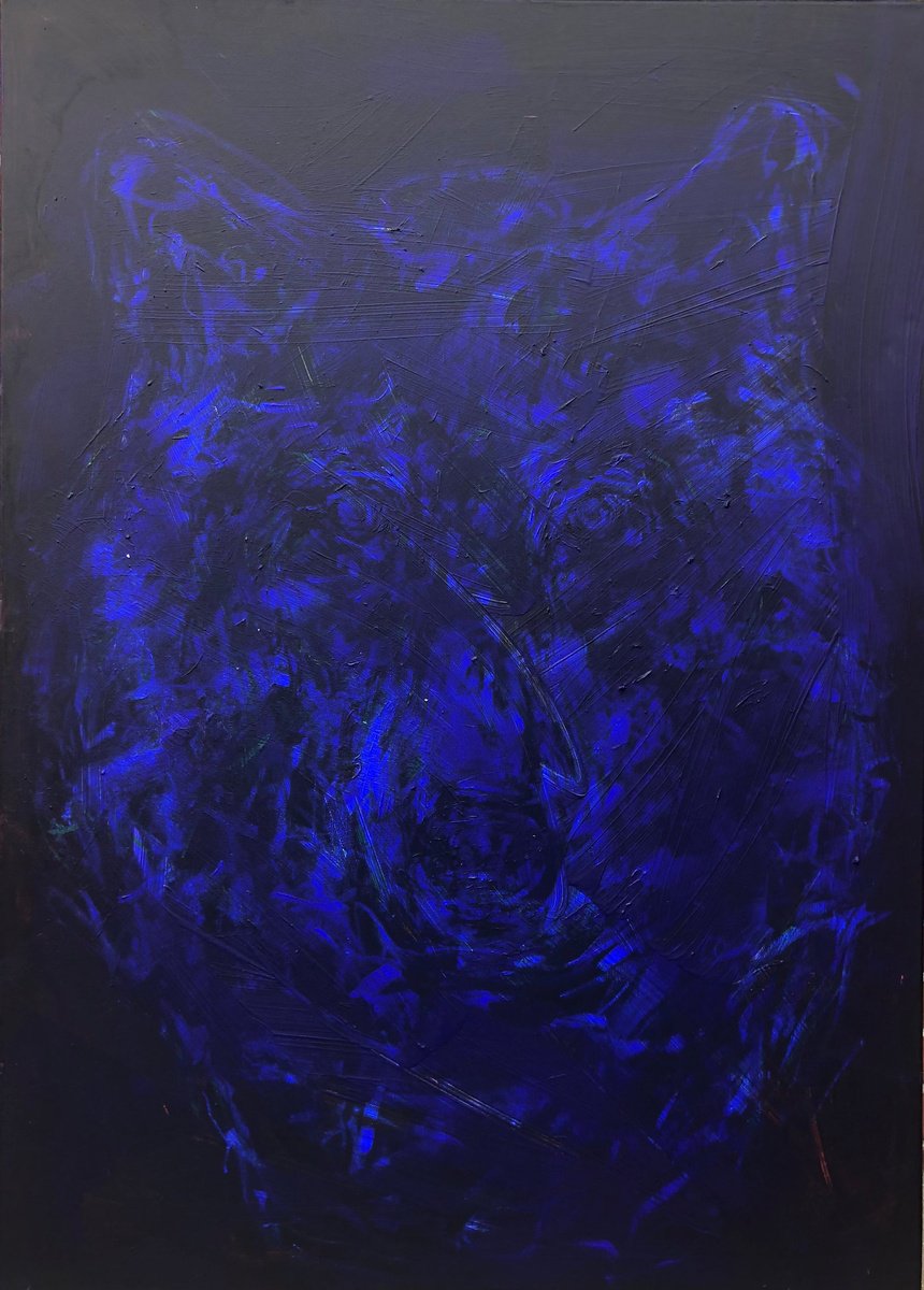 Impressionistic Animal Acrylic Painting By Nicole Leidenfrost, 39 X 55", Der Blaue Wolf/The Blue Wolf, Original Artwork