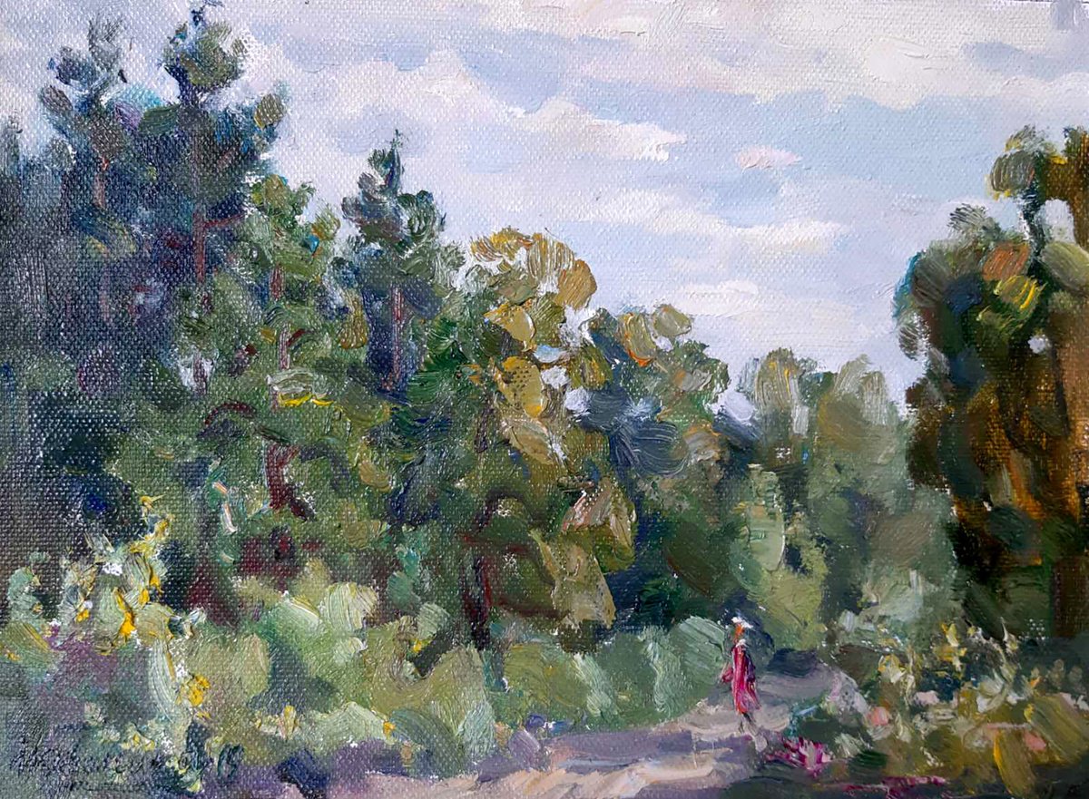 Impressionistic Landscape Oil Painting By Ivan Kovalenko, 12 X 8, Goes Through The Woods, Original Artwork