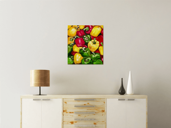 Peppers , oil painting, still life. Palette knife painting on canvas.