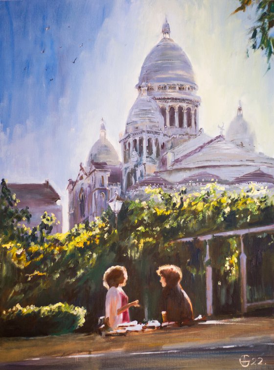 Picnic in Paris. Parisians series. Cityscape with two girls talking in Montmartre Park. Original oil painting. Contrast bright city urban landscape view sun light.