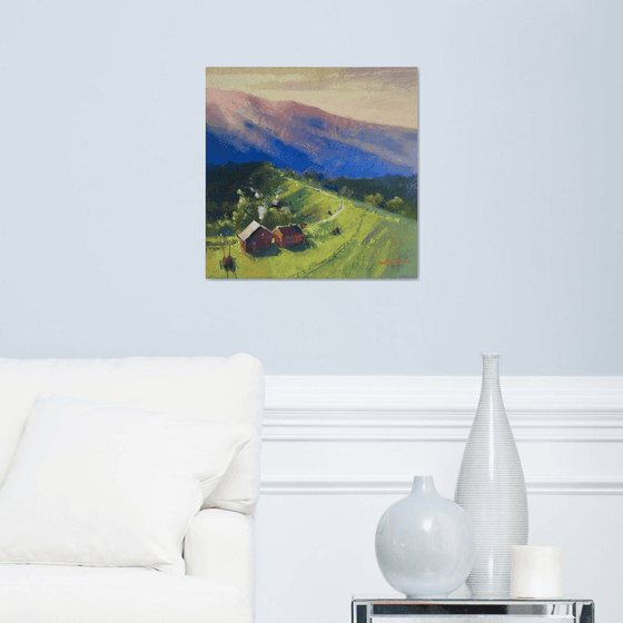 Ukrainian art Sunrise in Mountains Carpathian. Soft pastel 19.6x19.6 inch (50x50 cm)