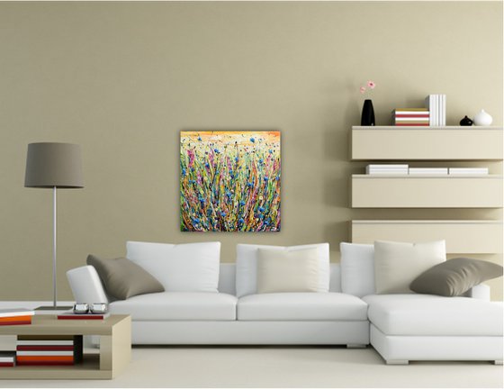 Cornflower Meadow - Abstract Floral Painting, Wildflower Field Textured Wall Art