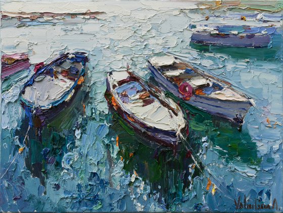 Rowing boats   - Original  impasto oil painting