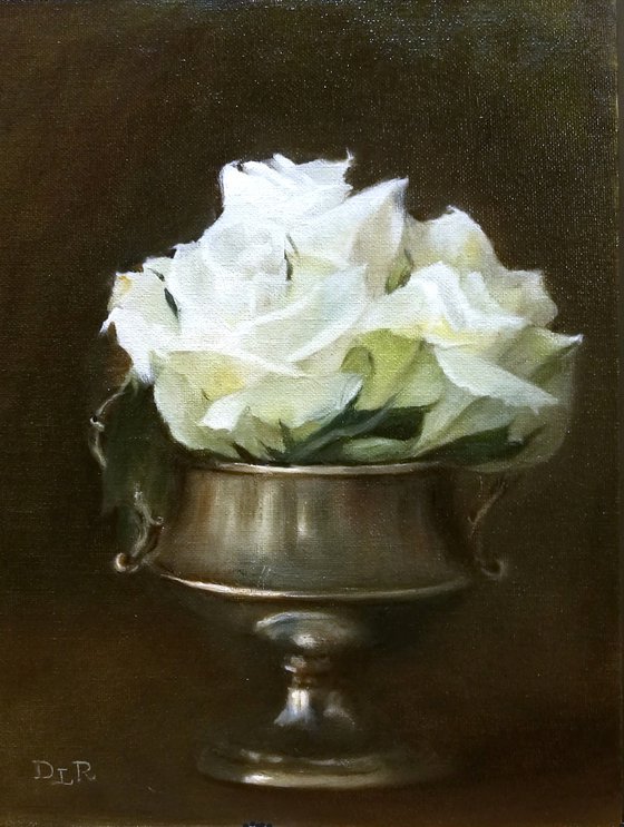 White Roses in a Silver Vase