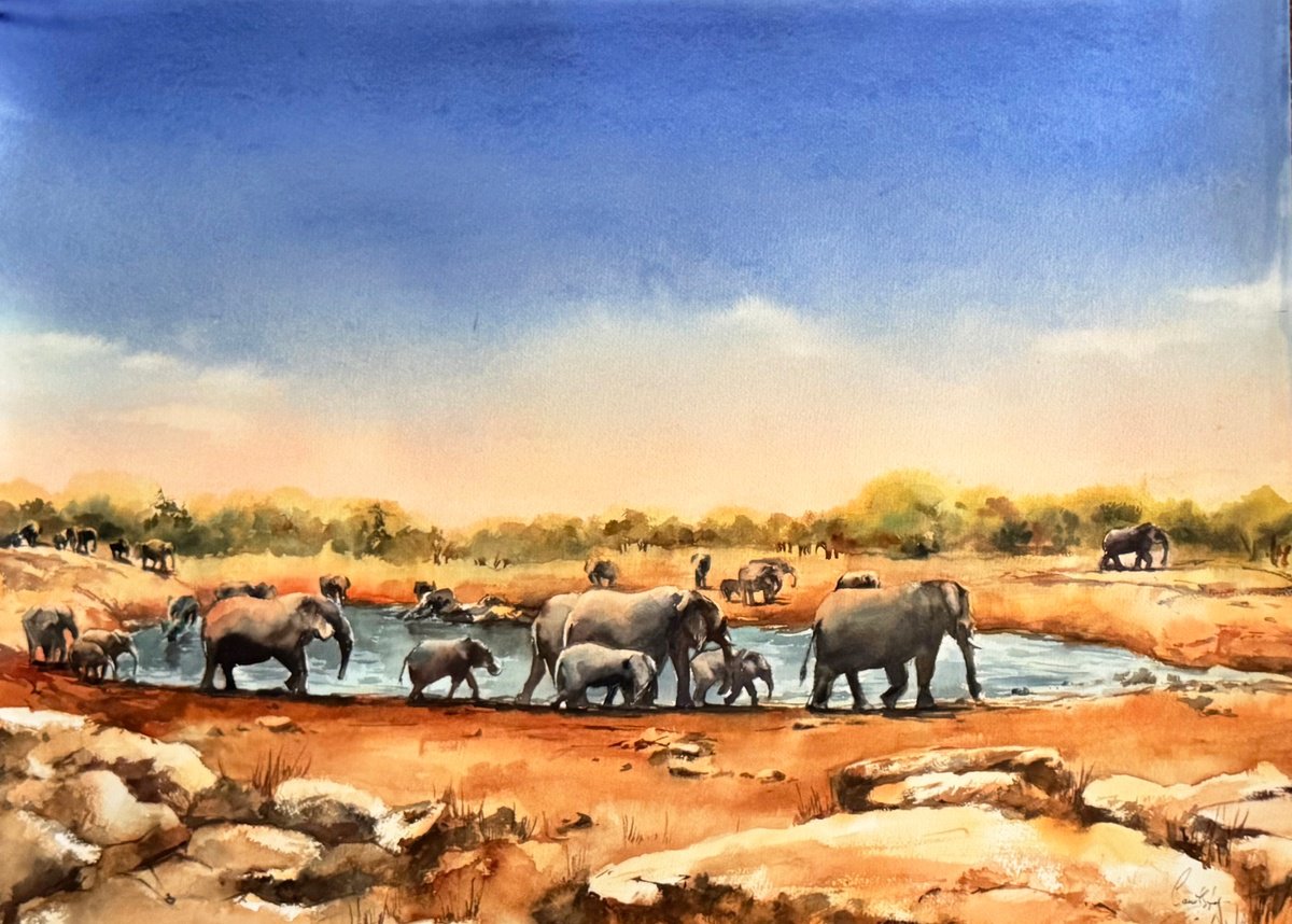 Expressive Animal Watercolour By Sophie Rodionov, 30 X 22", Elephants, Original Artwork