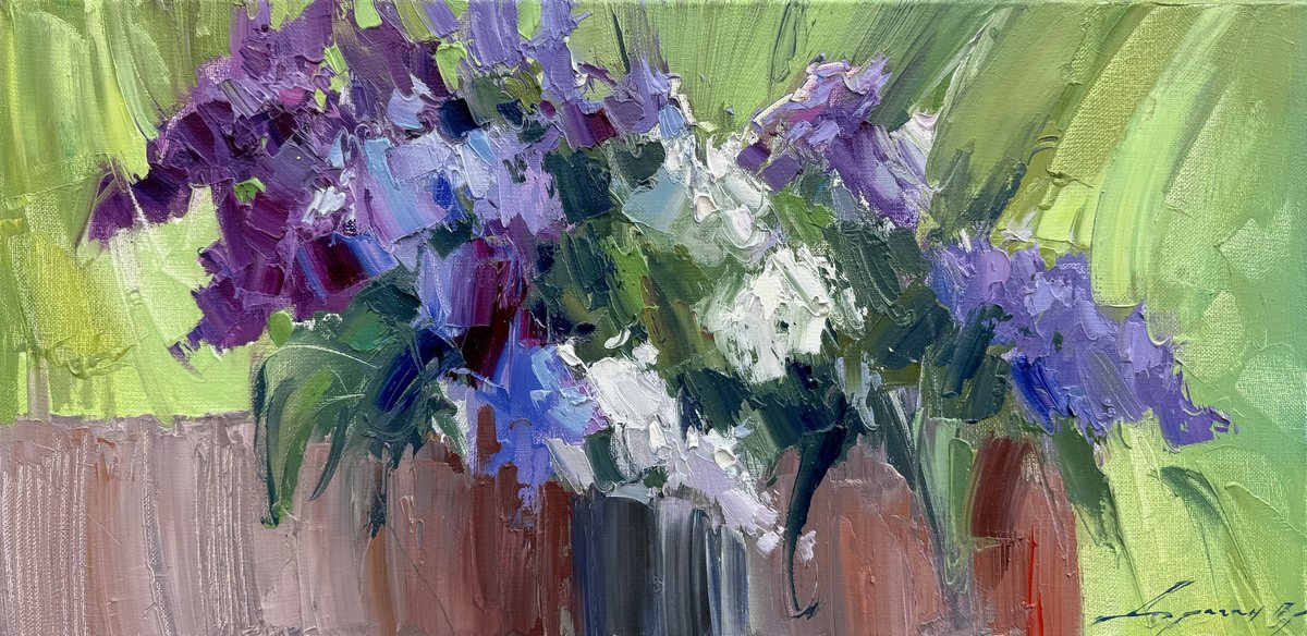 Expressive Botanical Oil Painting By Ivan Dragan, 22 X 11, Lilac, Original Artwork