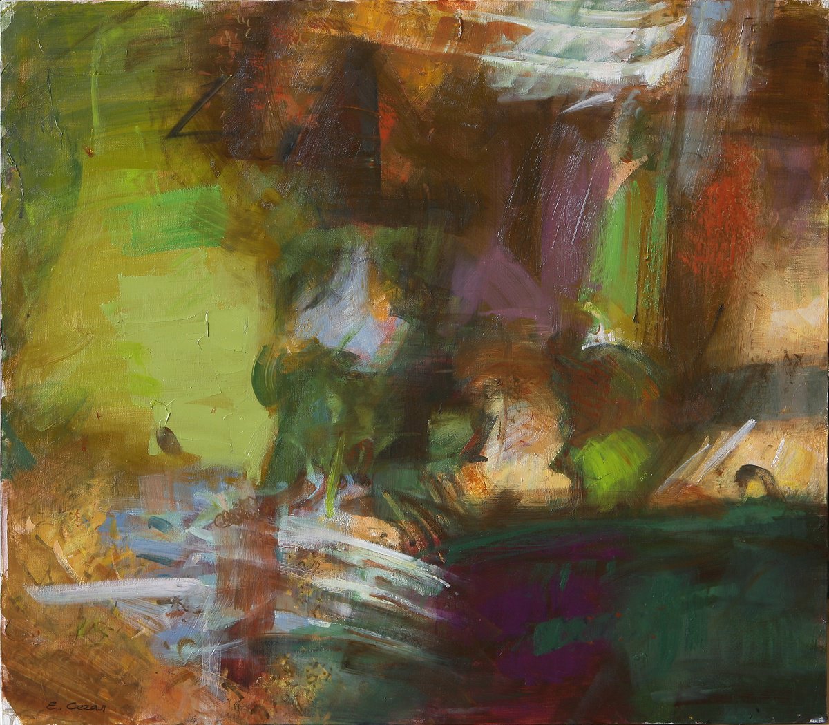 Expressive Abstract Oil Painting By Eugene Segal, 31 X 28, Equilibrium, Original Artwork