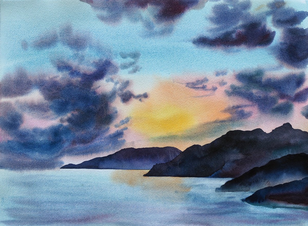 Impressionistic Landscape Watercolour By Delnara El, 15 X 11, Cloudy Sunset, Original Artwork
