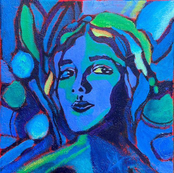 LAURA IN BLOOM - 30 x 30 cm acrylic painting, female portrait, abstract portrait, bright