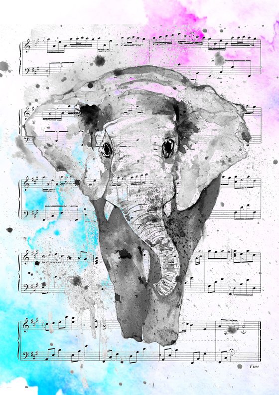 Elephant, watercolor on sheet music