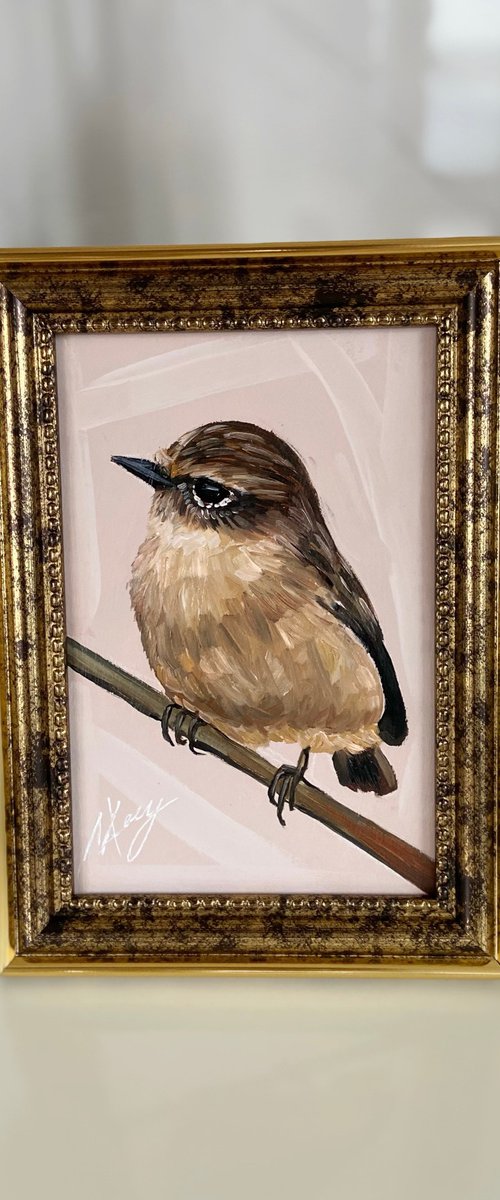 Bird painting mini art framed 14x18cm 5x7inch by Leysan Khasanova