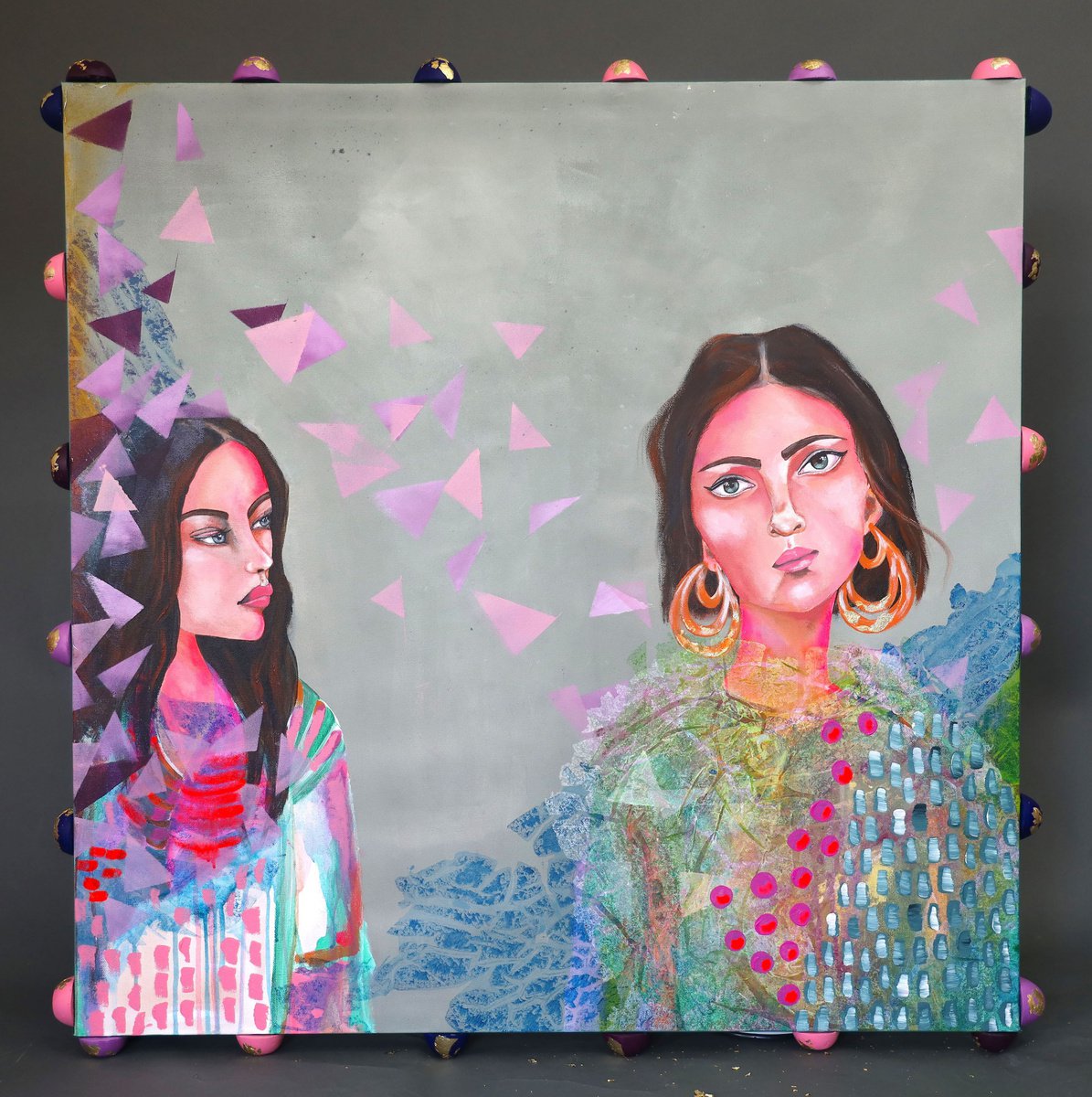Expressive Portrait Acrylic Painting By Poovi Art, 37 X 37", Sisters, Original Artwork