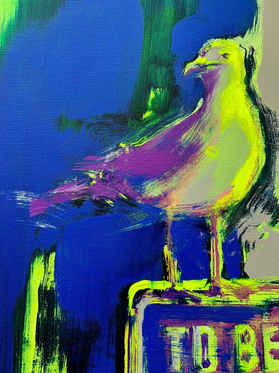 "To beach" - Vertical painting - Pop Art - Bird - Seagull - Miami - Purple&Yellow - Grey&Blue