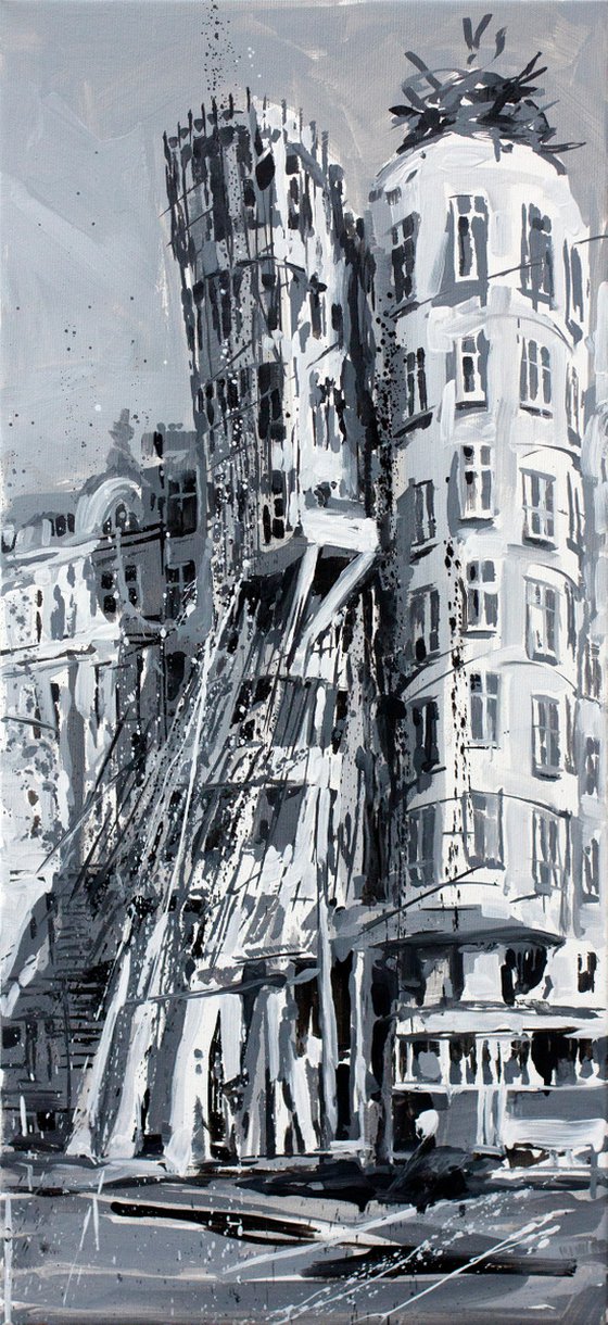 Portrait of a dancing house with a tram.