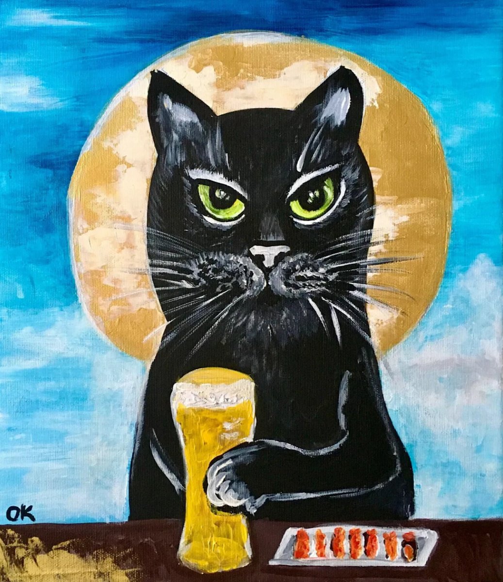 Impressionistic Animal Acrylic Painting By Olga Koval, 12 X 14", Evening Cat. Beer Time, Original Artwork