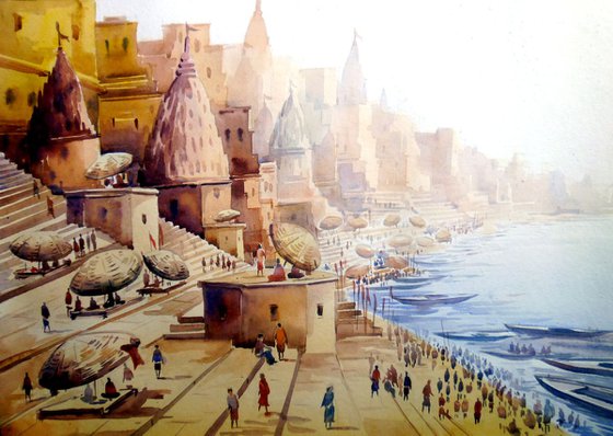 Varanasi Ghat at Morning-Watercolor on Paper