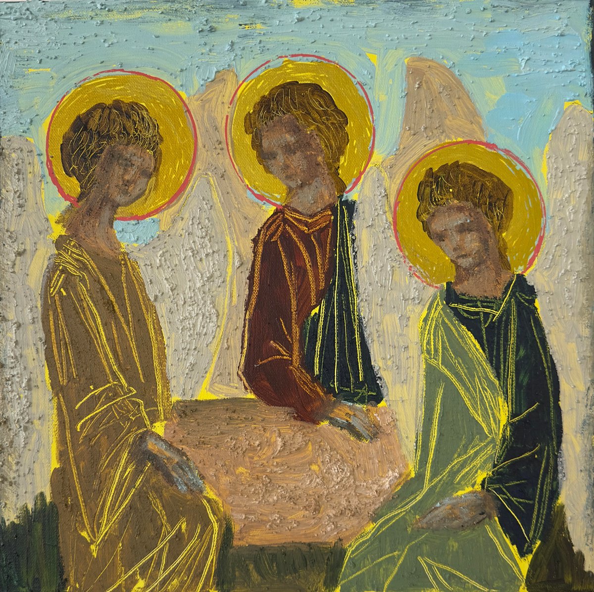 Impressionistic Portrait Acrylic Painting By Nikola Gulev, 16 X 16", "Angels", Original Artwork