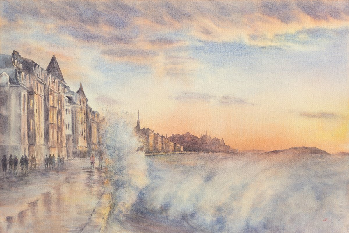 Impressionistic Landscape Watercolour By Kateryna Nazarenko, 22 X 15", Storm In Saint-Malo, Original Artwork