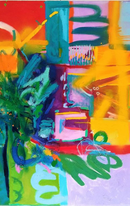 LARGE ABSTRACT COLORFUL INTERIOR DESIGN COMMERCIAL DECOR OFFICE RESTAURANT OVERSIZED TROPICAL RAINBOW "Beautiful 21"  GIANT   64" X 42" by Carrie White