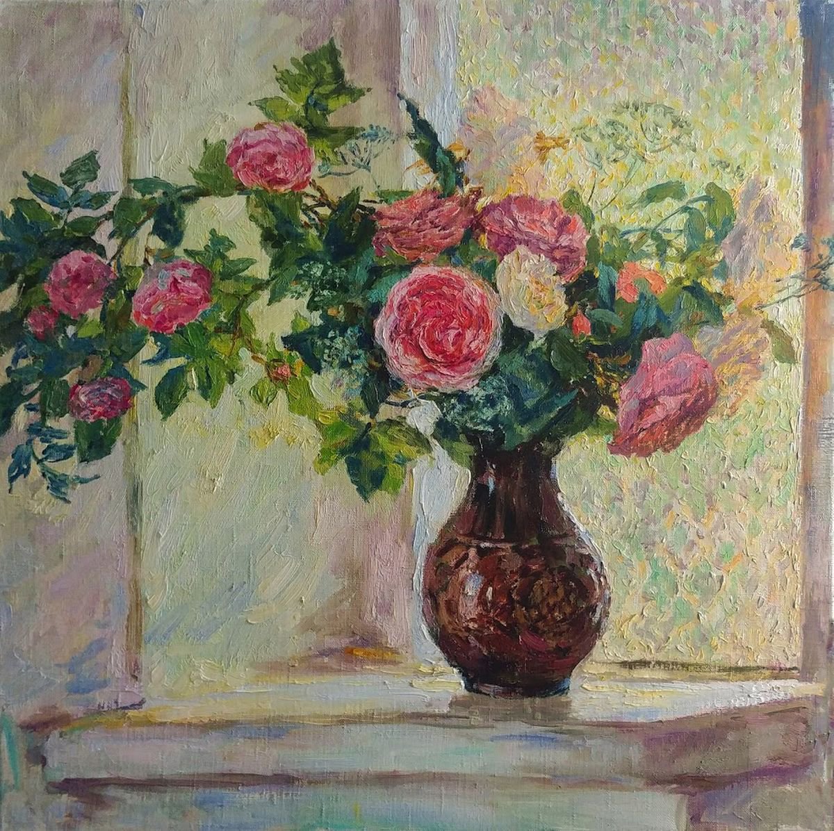 Impressionistic Still Life Oil Painting By Svetlana Koval (Gunchenko), 22 X 22", Roses, Original Artwork