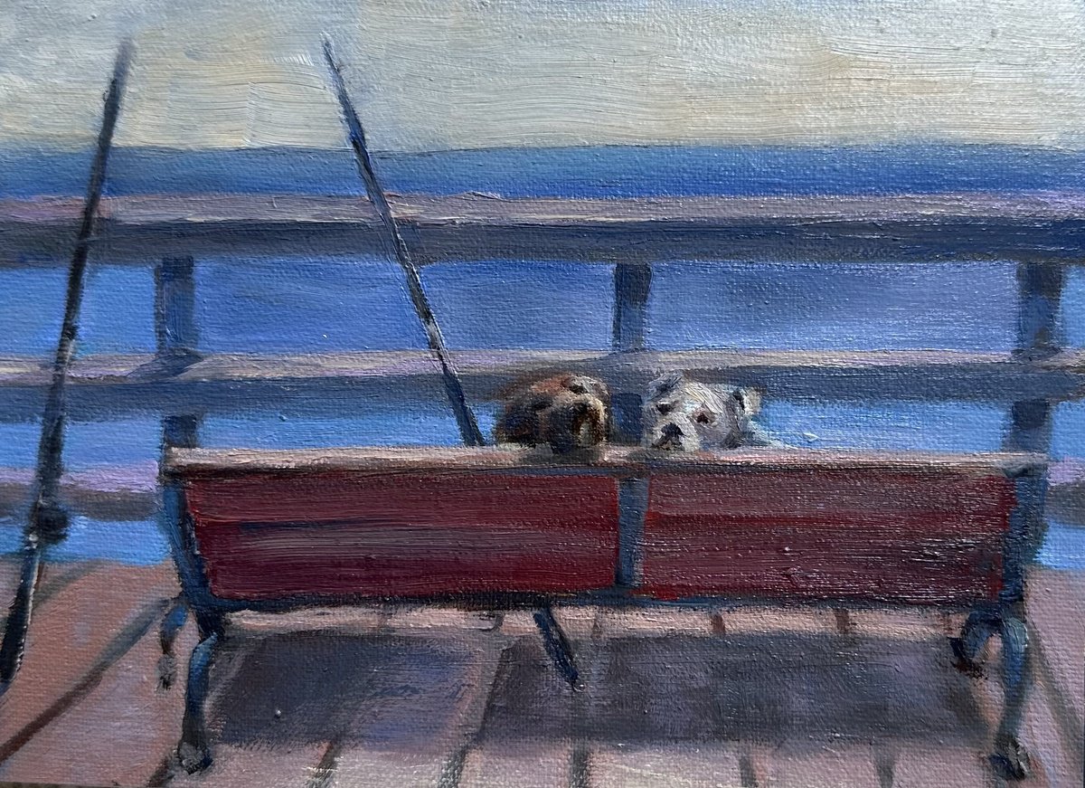 Photorealistic Animal Oil Painting By Grace Diehl, 7 X 5, Gone Fishing, Original Artwork