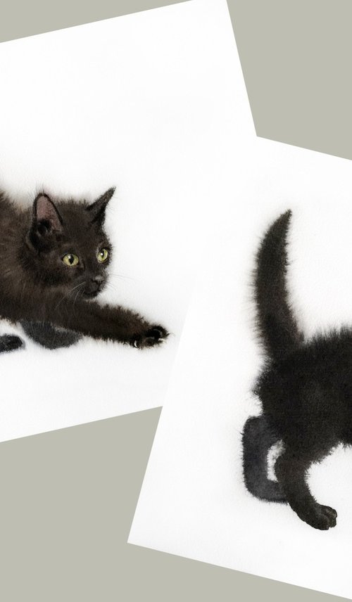 Set 2 Black Kitten by Olga Beliaeva Watercolour