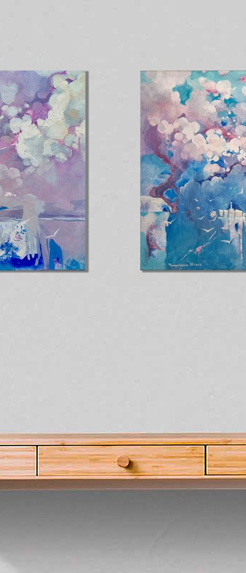 Sea. Spilled pink sky diptych1 by Natalia Yampolskaia