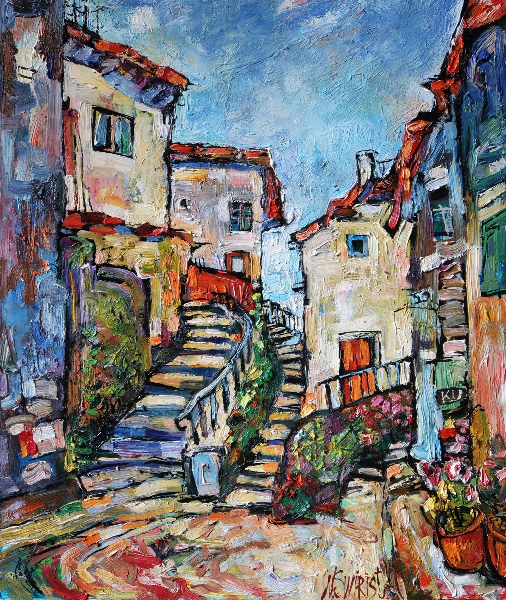 Impressionistic Cityscapes Oil Painting By Nikifor Swiristuhin, 17 X 20", Sky And Streets Of Cudillero, Original Artwork